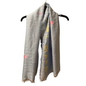 Chanel Scarf Wrap Silk Cashmere Light Blue Spell Out Binary Numbers Fringe 56x56